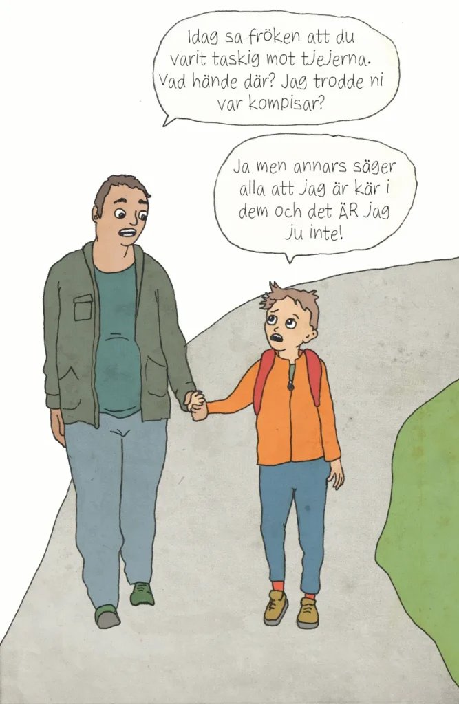 Bild som visar förälder som frågar varför barnet är taskig mot tjejerna.